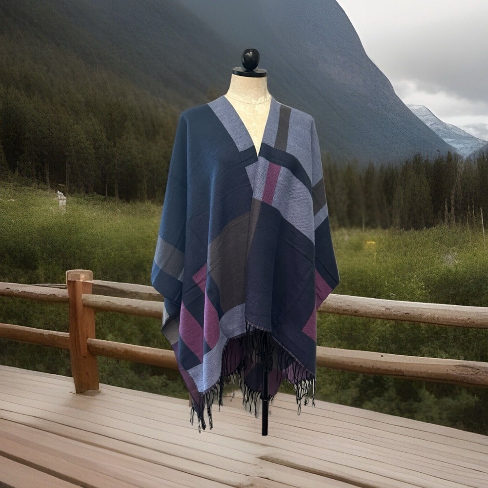 Wrap/Shawl Purple and Blue Tassels Color Block One Size